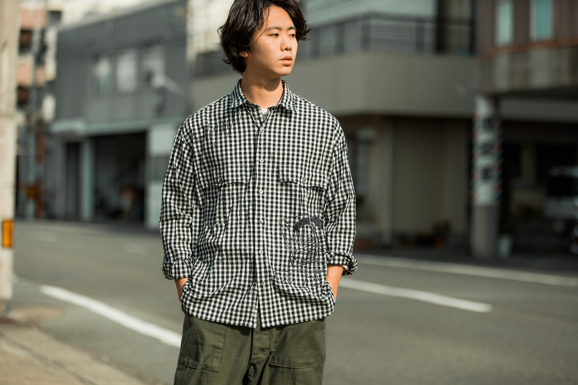 西日本産 2018SS ポータークラシック ロールアップシャツ 白黒ギンガム